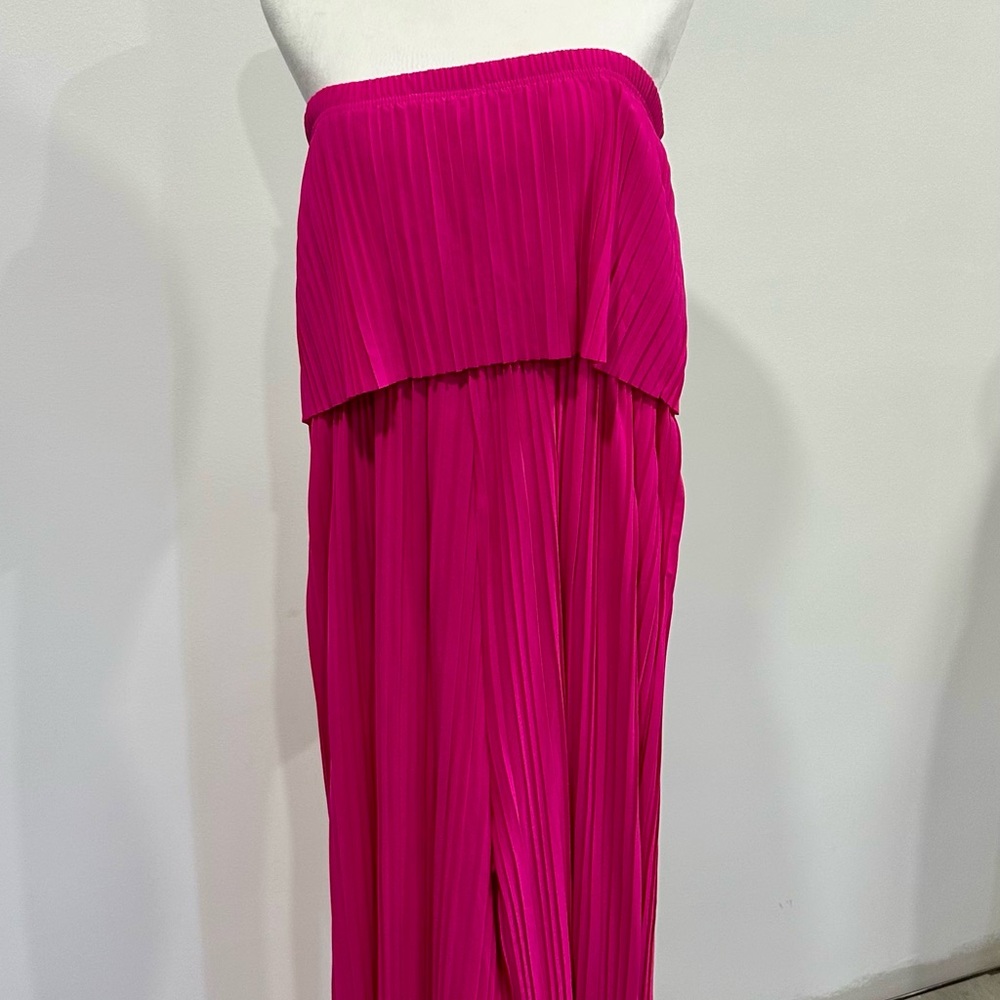 Strapless Pleated Jumpsuit in Bright Fuchsia